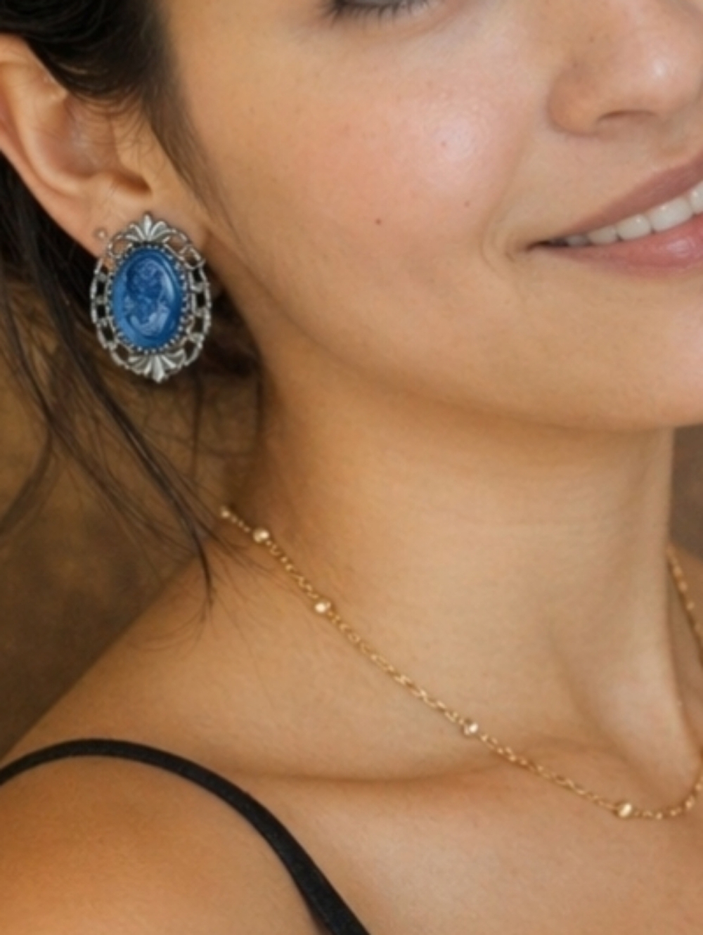 Vintage Whiting And Davis Blue Glass Cameo Earrings From 1950s